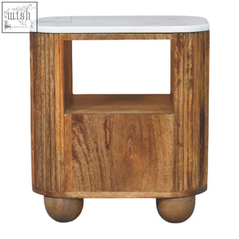 Rustic beaumont marble bedside table with white marble top rounded ball feet made of solid mango wood