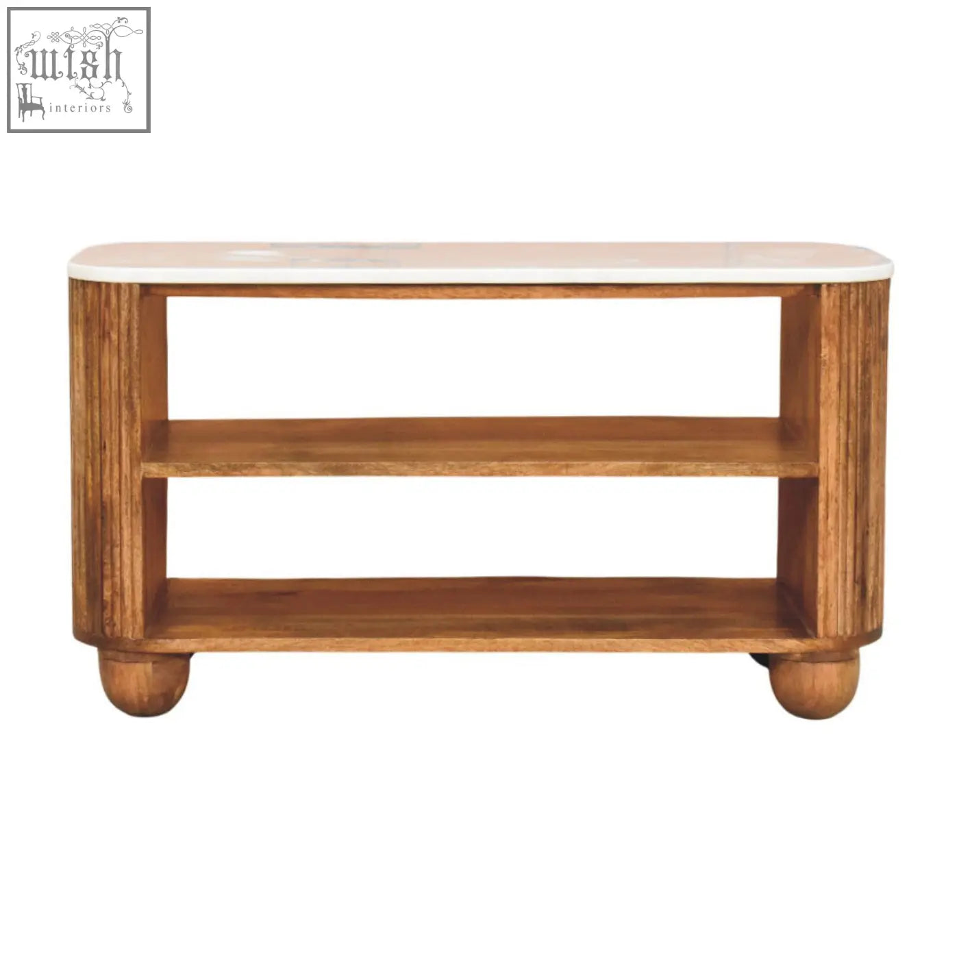 A rustic beaumont marble shoe bench with white marble top and three shelves made of solid mango wood