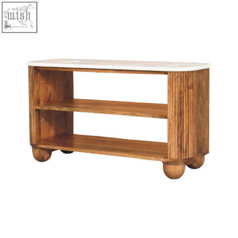 Rustic beaumont marble shoe bench with white marble top and open shelves in solid mango wood and grooved sides