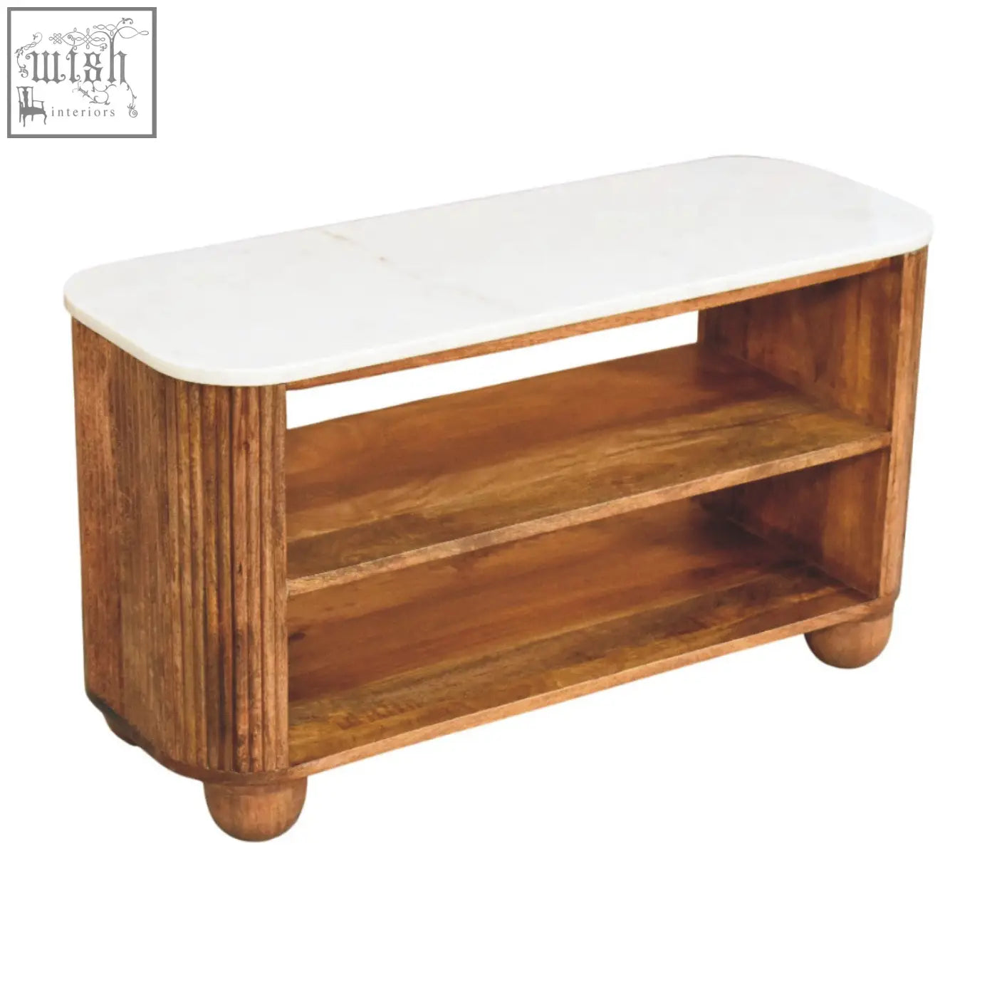 Rustic beaumont marble shoe bench with white marble top solid mango wood and rounded feet for shoe storage
