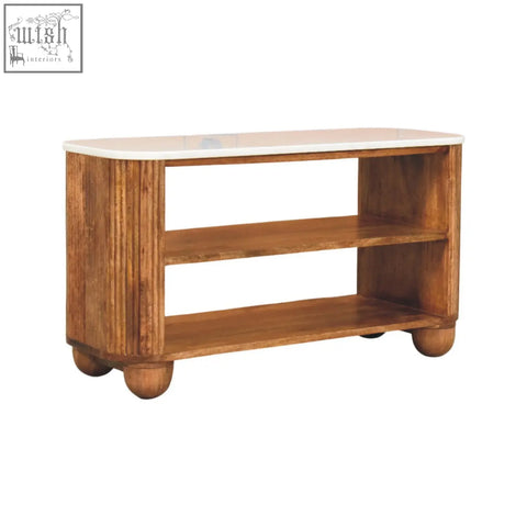 Rustic Beaumont marble shoe bench with white marble top and open shelves made from solid mango wood