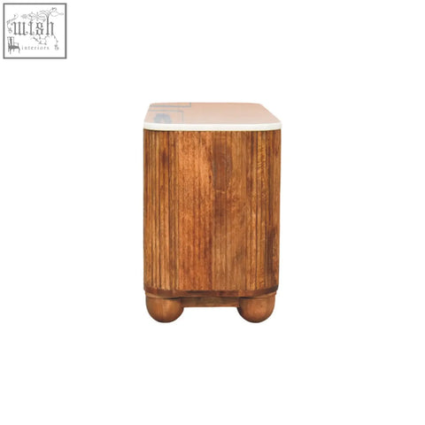 Rustic beaumont marble shoe bench with white marble top and rounded bun feet made from solid mango wood