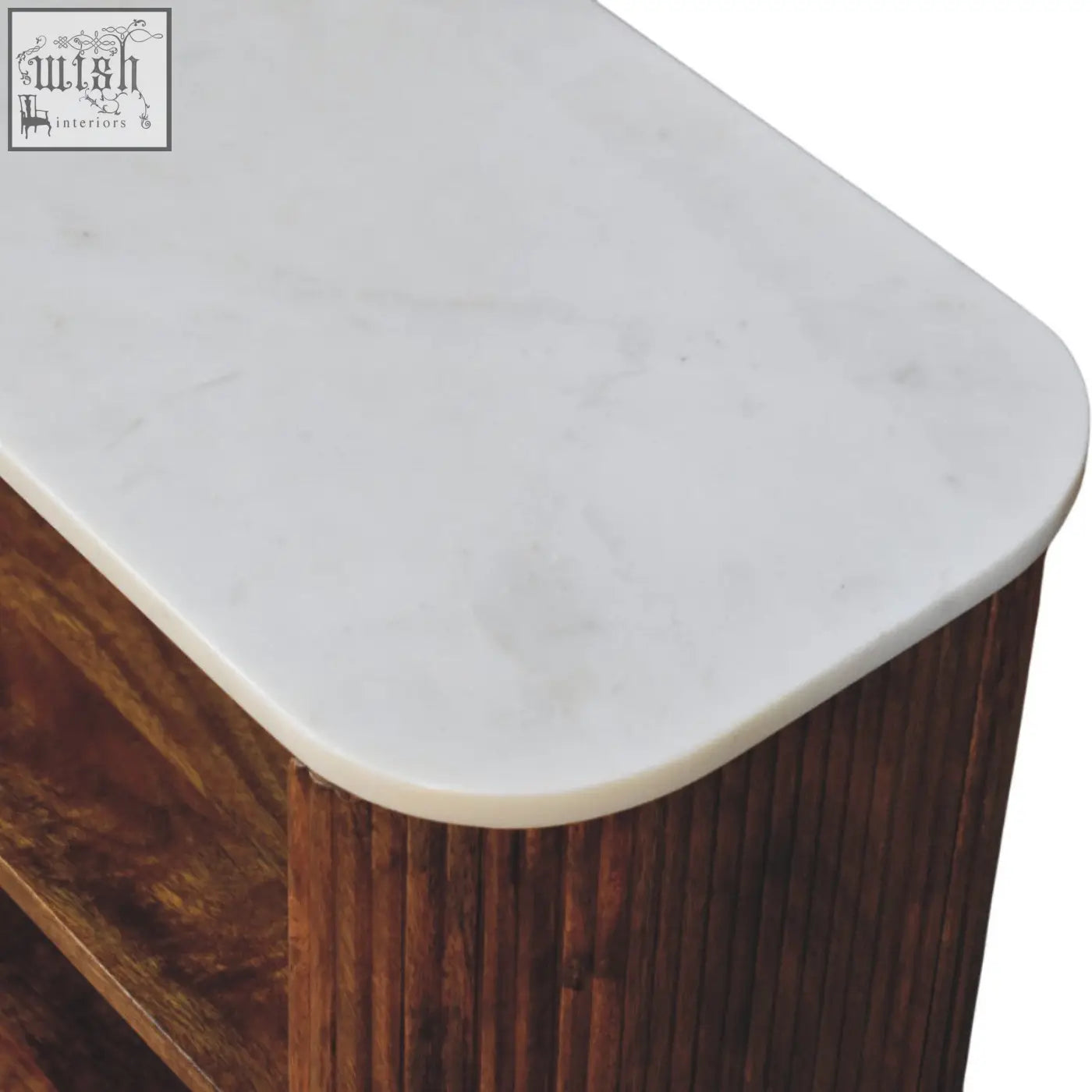 Beaumont marble shoe bench with white marble top and dark solid mango wood base with vertical grooves