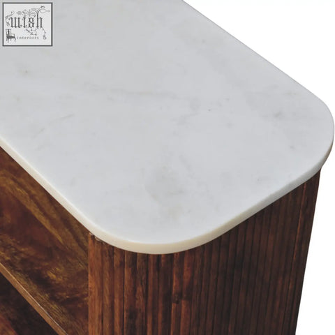 Beaumont marble shoe bench with white marble top and dark solid mango wood base with vertical grooves