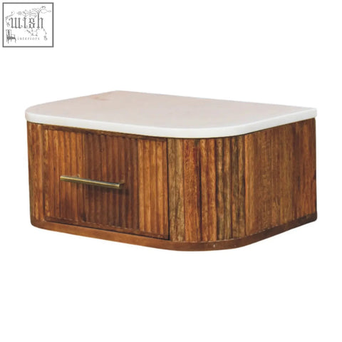 Beaumont wall-mounted bedside table with vertical slats, white marble top, brass handle, made from natural mango wood