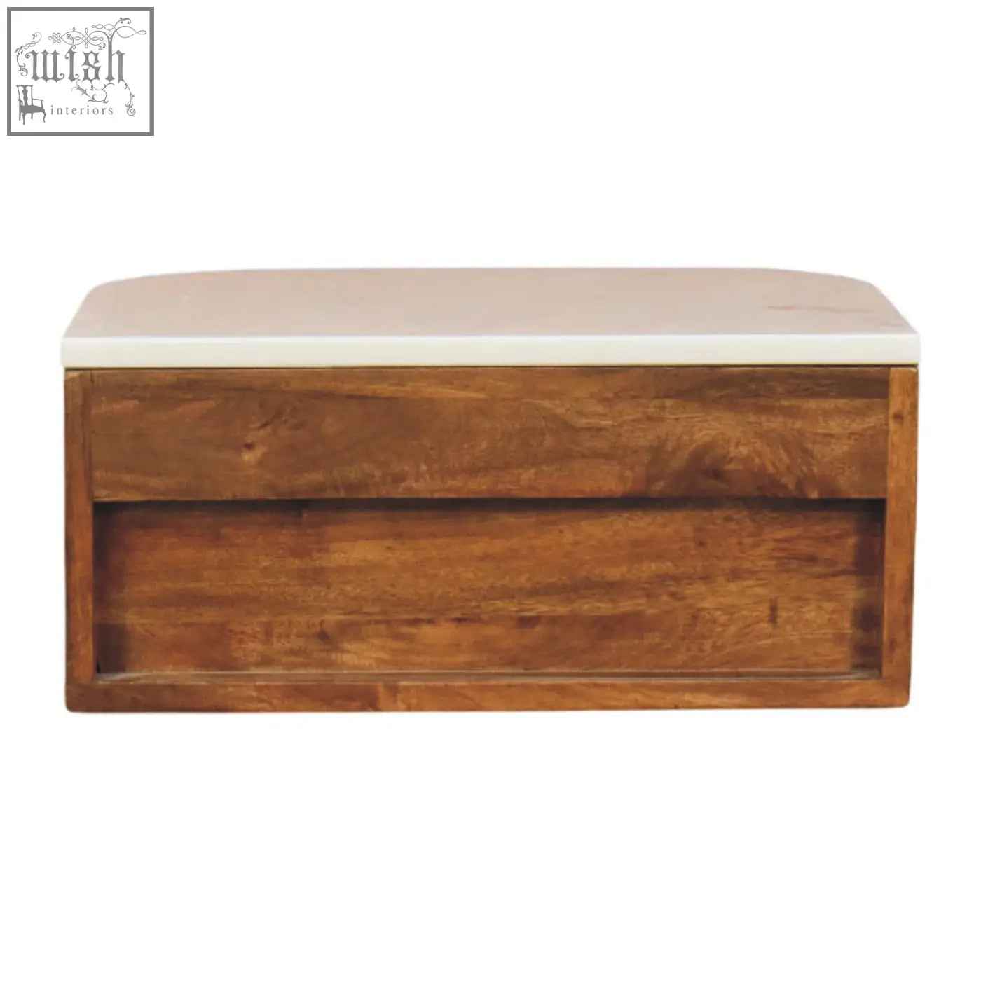 Beaumont wall-mounted bedside table with natural mango wood sides and a light marble top for stylish storage