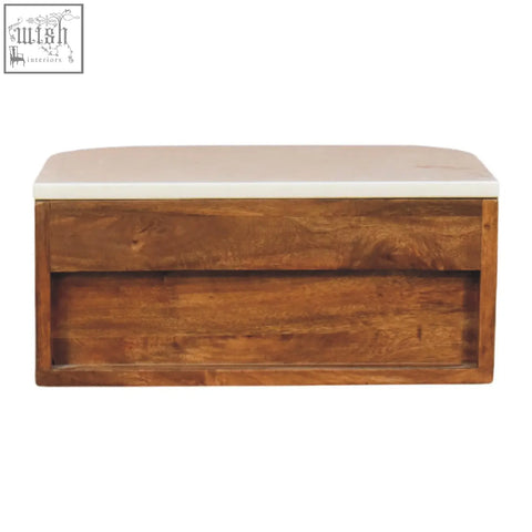 Beaumont wall-mounted bedside table with natural mango wood sides and a light marble top for stylish storage