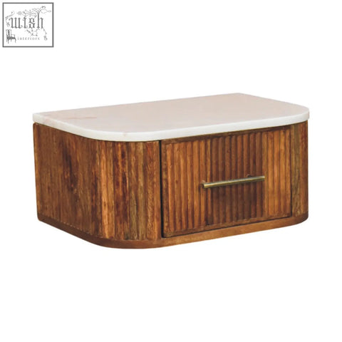 Rustic beaumont wall-mounted bedside table with natural mango wood bamboo cabinet smooth white marble top brass handle