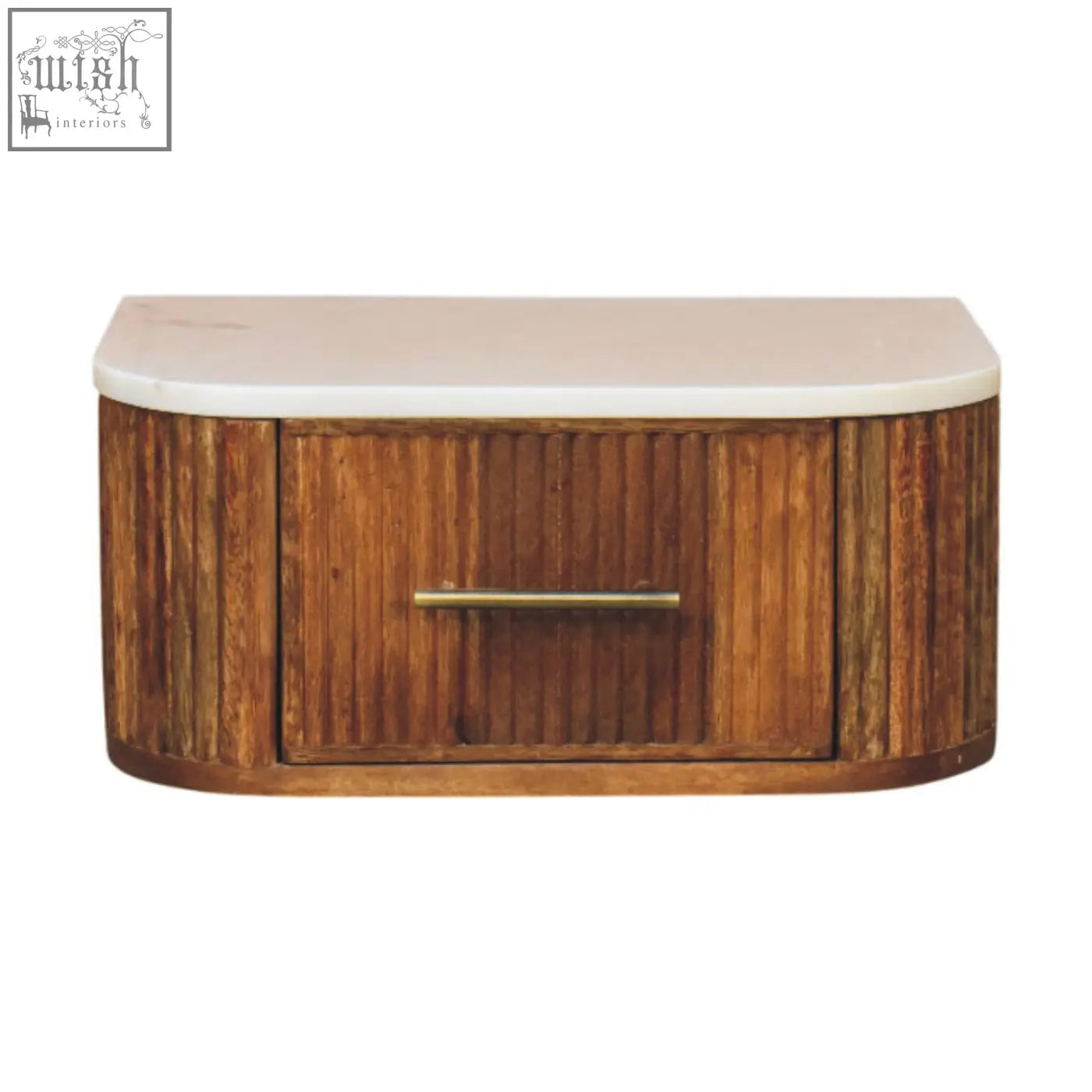 Beaumont wall-mounted bedside table with rustic bamboo finish, smooth white marble top, brass handle, and natural mango wood accents