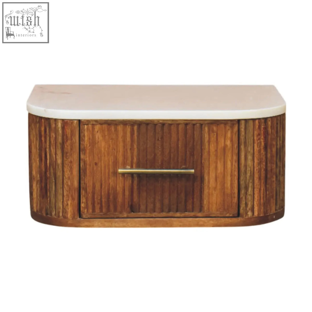 Beaumont wall-mounted bedside table with rustic bamboo finish, smooth white marble top, brass handle, and natural mango wood accents