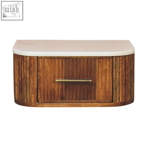 Beaumont wall-mounted bedside table with rustic bamboo finish, smooth white marble top, brass handle, and natural mango wood accents