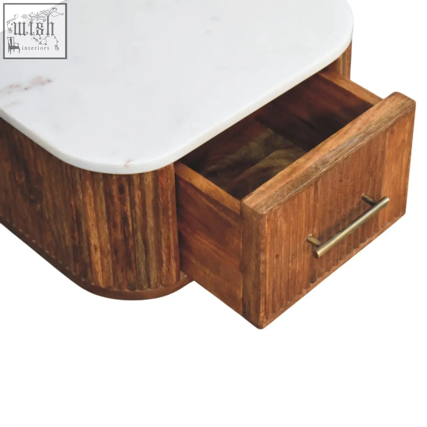 Beaumont wall-mounted bedside table with a curved white marble top and natural mango wood drawer with brass handle