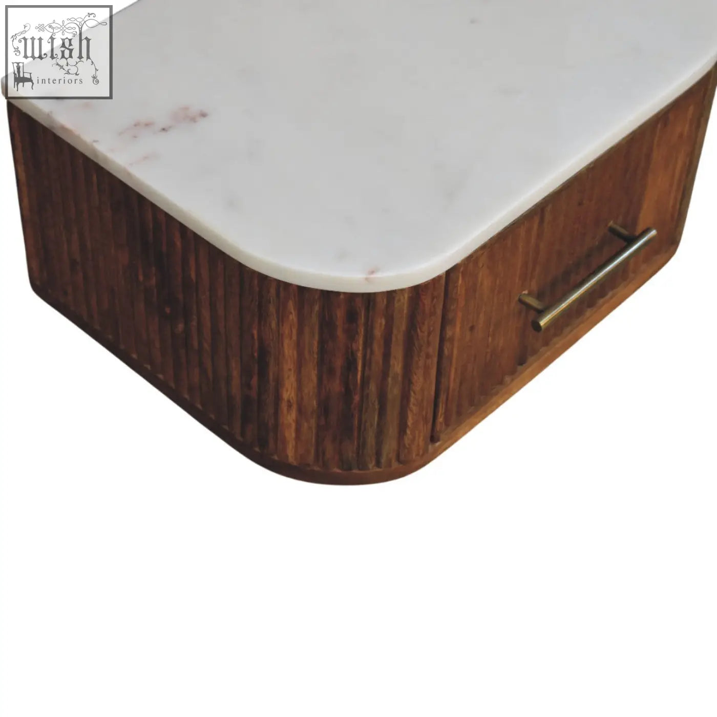 Beaumont wall-mounted bedside table with a sleek wooden body made of natural mango wood and a white marble top