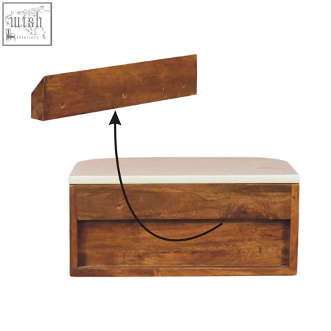 Beaumont wall-mounted bedside table wooden bench with white cushion and hinged lid made of natural mango wood