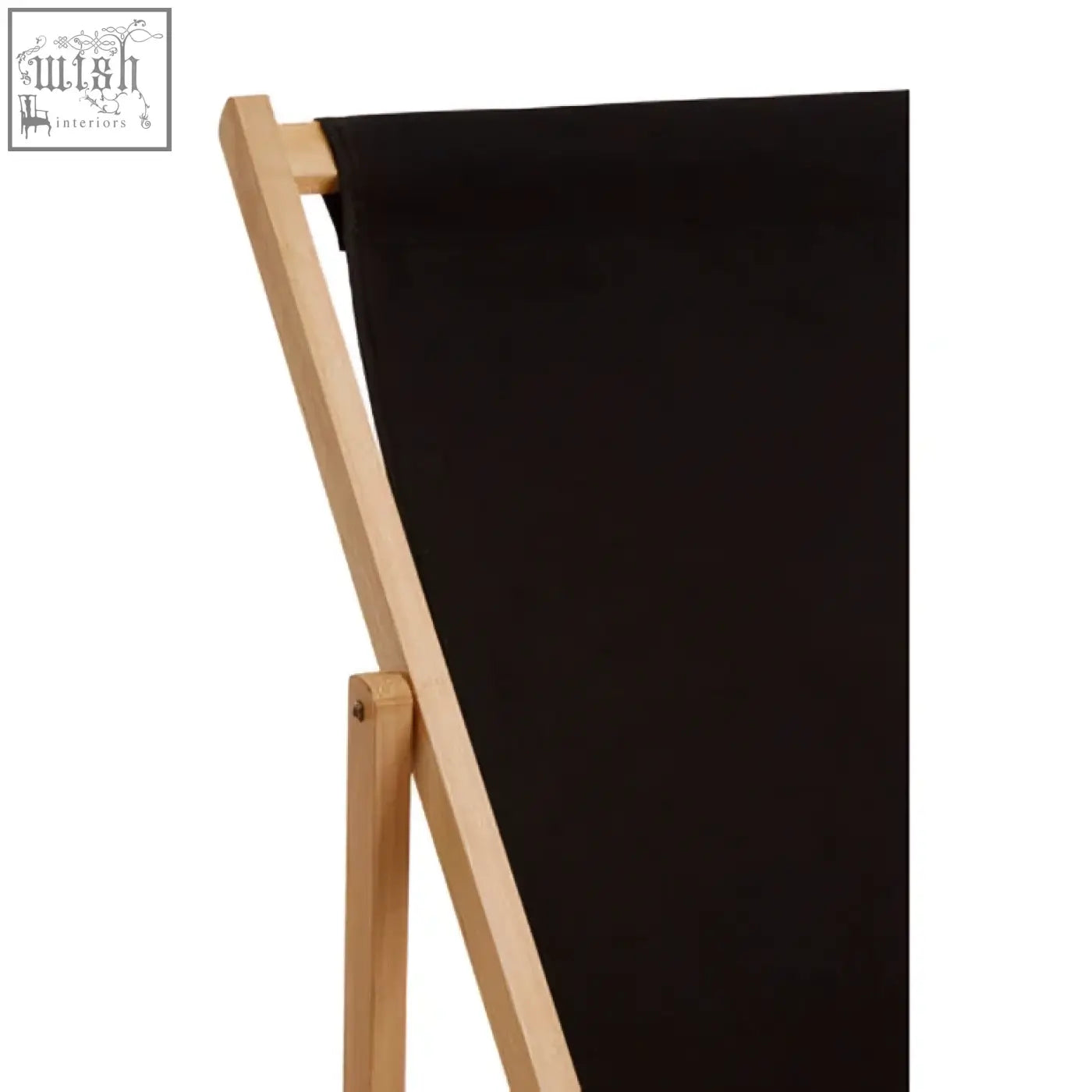 Black canvas draped over a light wood easel showcasing the fabric of the Beauport black deck chair