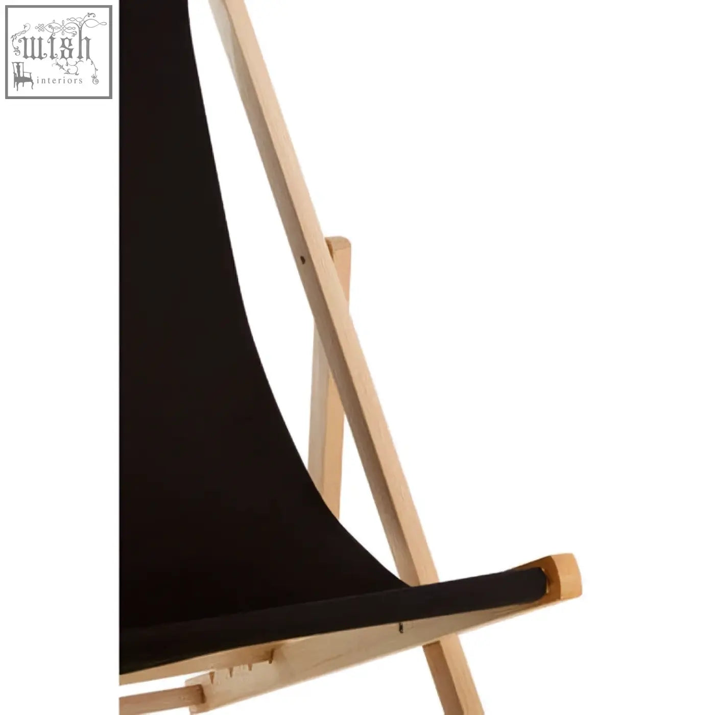 Black canvas deck chair with light wood frame perfect for relaxing on your black deck or patio