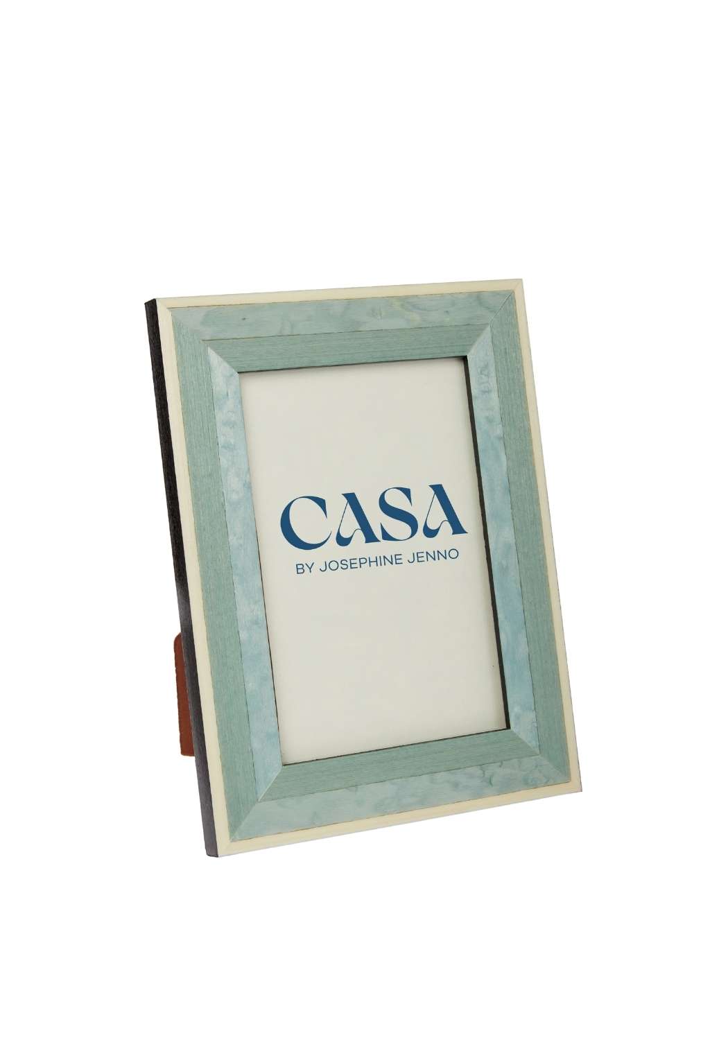 Beautiful blue marquetry photo frame with cream inner border featuring casa by josephine jenno logo in navy lettering
