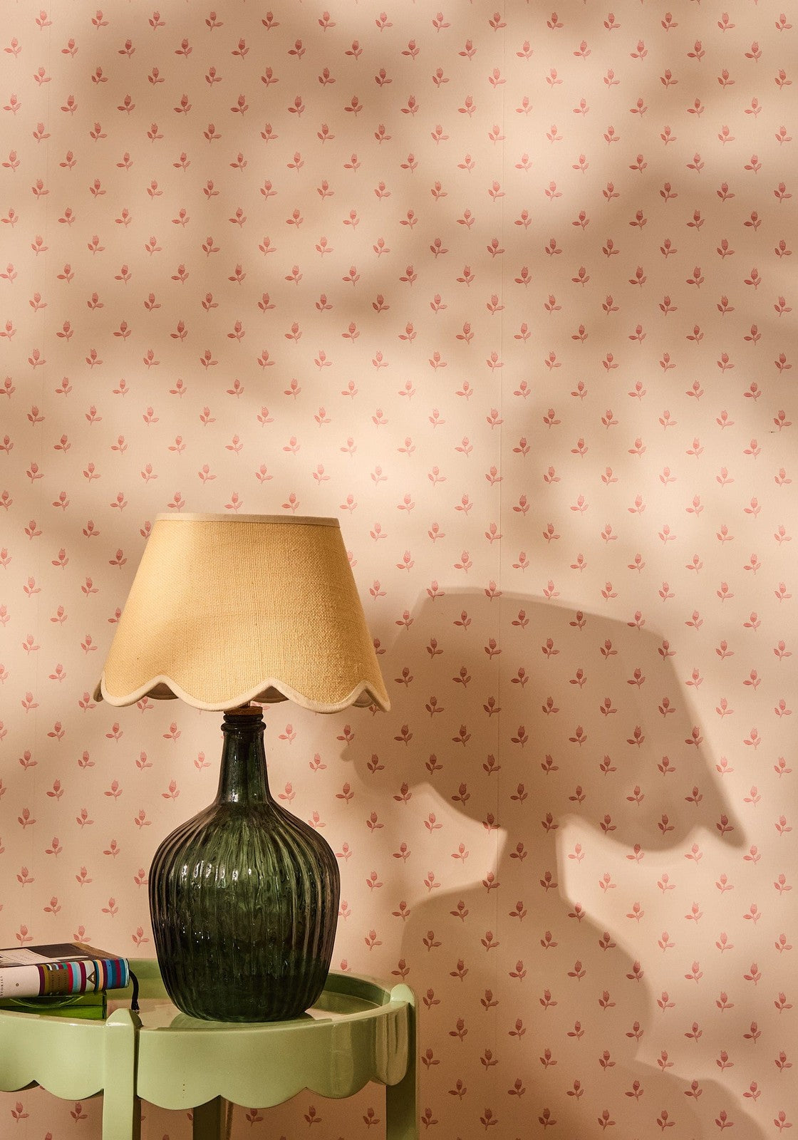 Beautifully sweet scallop lampshade dark green ribbed glass table lamp with beige scalloped fabric shade