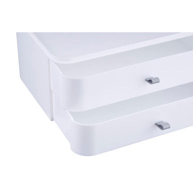 White plastic 2 drawer cosmetics organiser with sleek minimalist design and silver metal handles for easy storage