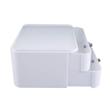 White plastic 2 drawer cosmetics organiser with three nested compartments and silver toned handles for easy storage