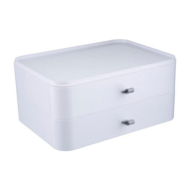 White plastic two-drawer cosmetics organiser with silver-toned handles for stylish makeup storage