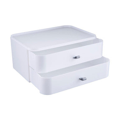 White plastic two drawer cosmetics organiser with sleek minimalist design and silver toned handles