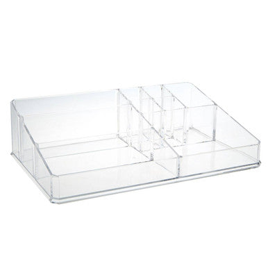 Clear acrylic desk organizer with 9 compartments perfect for cosmetics and beauty storage in clear plastic