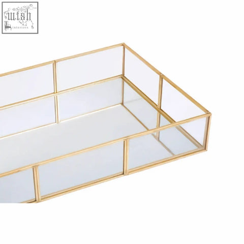 Gold-framed rectangular glass jewellery tray with mirrored interior panels perfect for organizing jewellery