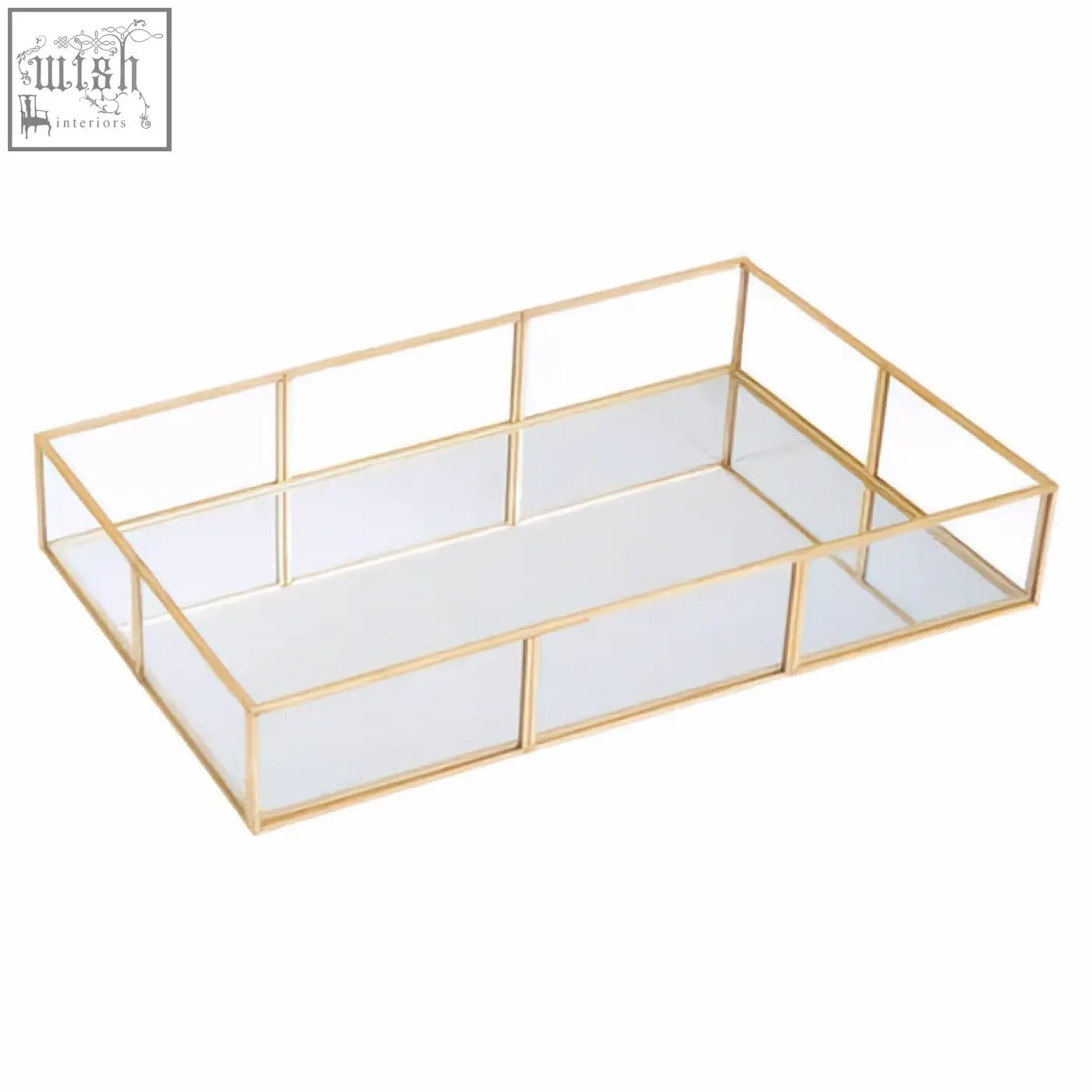 Gold framed rectangular glass jewellery tray with mirrored interior and segmented grid design for organizing jewels