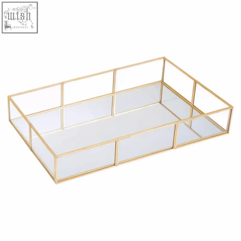 Gold framed rectangular glass jewellery tray with mirrored interior and segmented grid design for organizing jewels