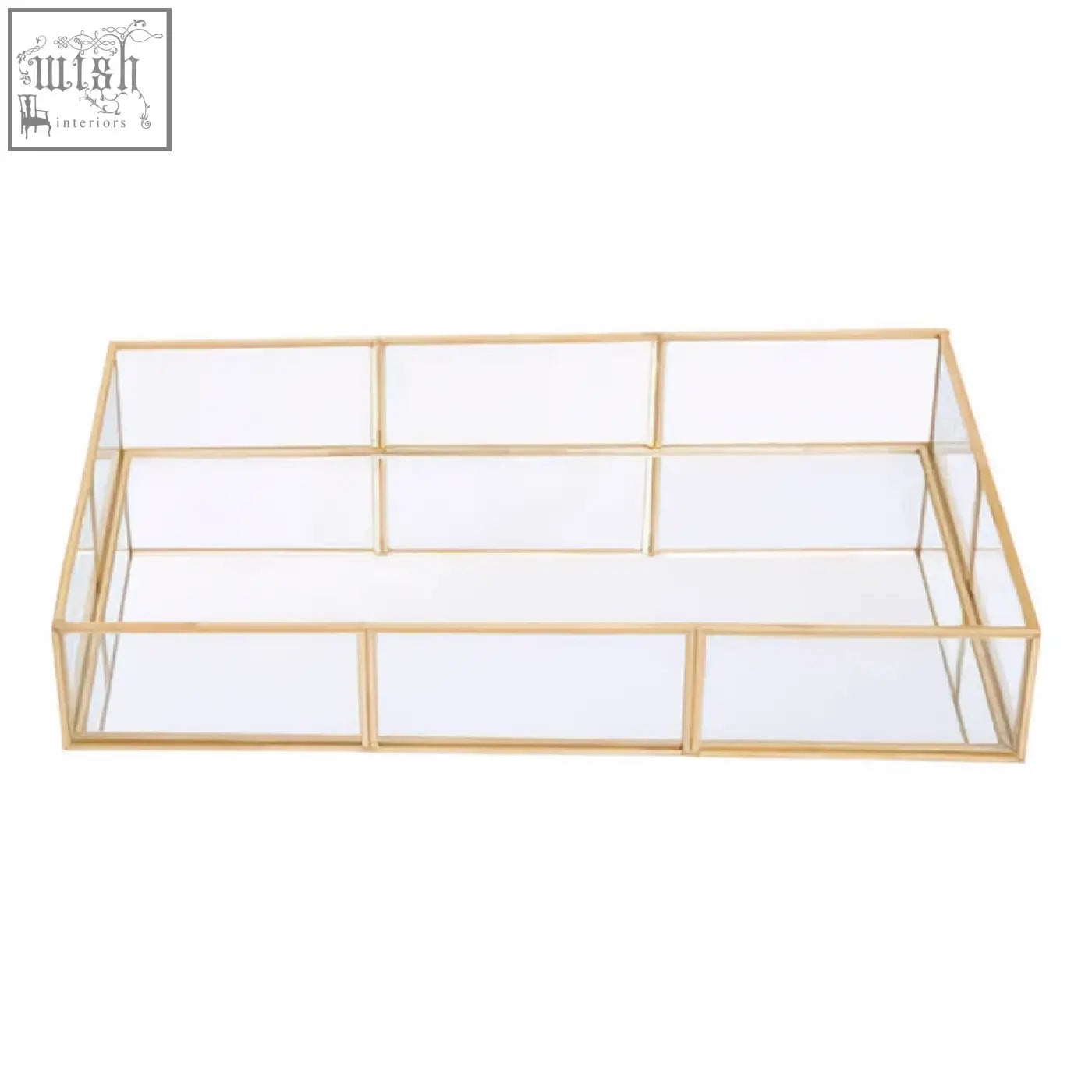 Gold-framed glass jewellery tray with modern geometric design perfect for organizing your jewellery