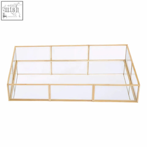 Gold-framed glass jewellery tray with modern geometric design perfect for organizing your jewellery