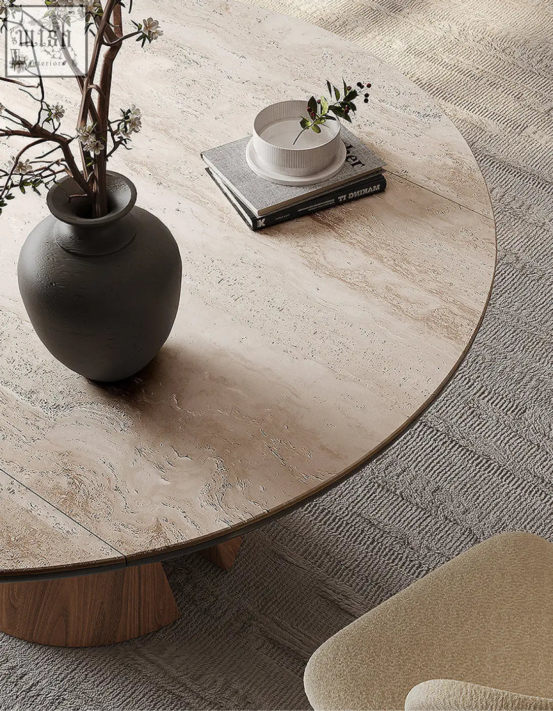Dark matte ceramic vase with white blossoms on a wood becerra foldable round dining table for round dining space