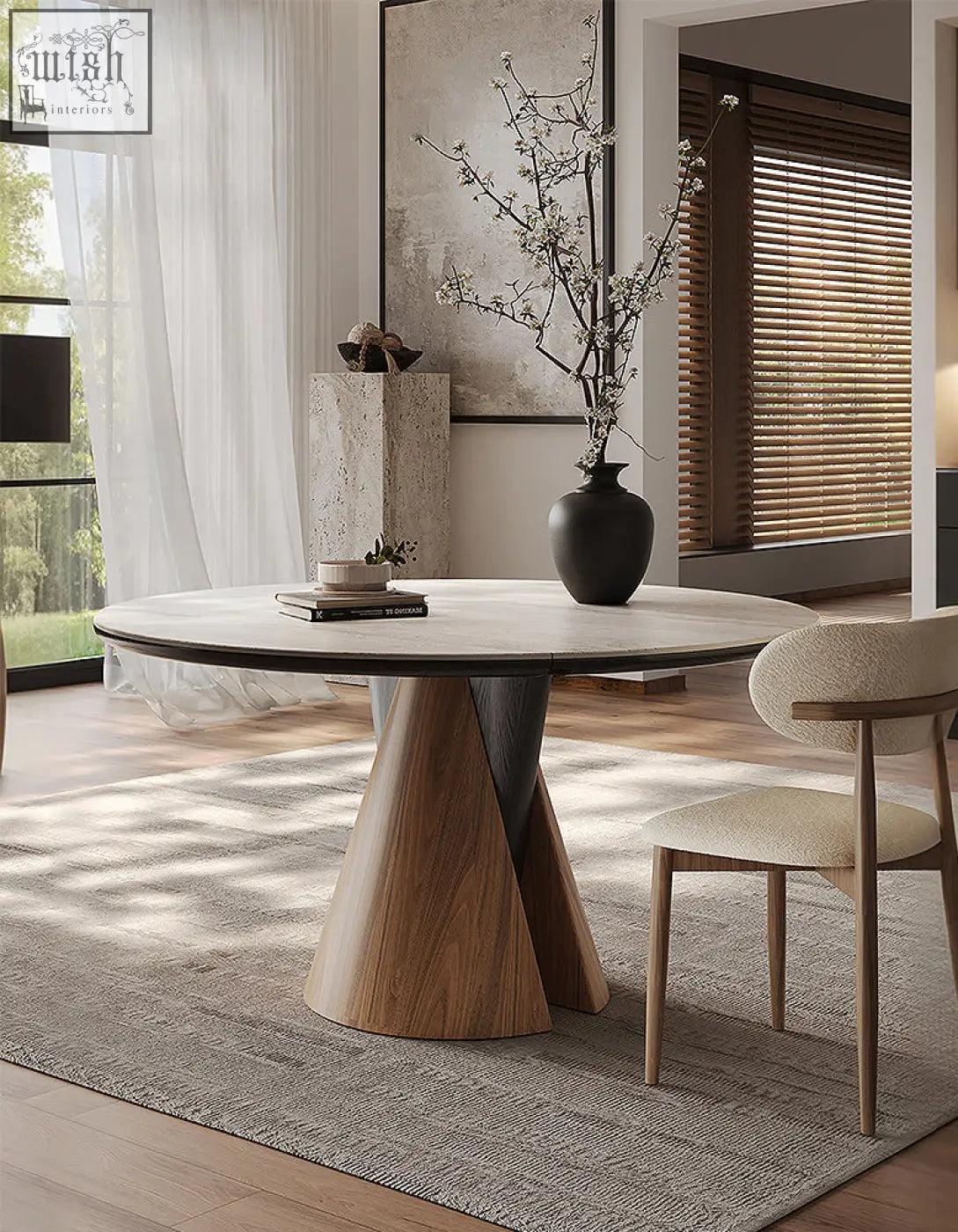 Modern becerra foldable round dining table with light gray stone top and sculptural wooden base for round dining