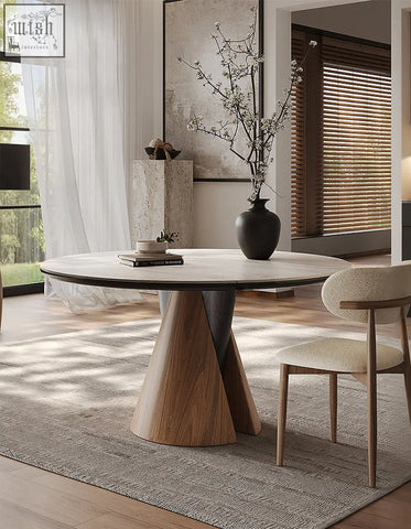 Modern becerra foldable round dining table with light gray stone top and sculptural wooden base for round dining