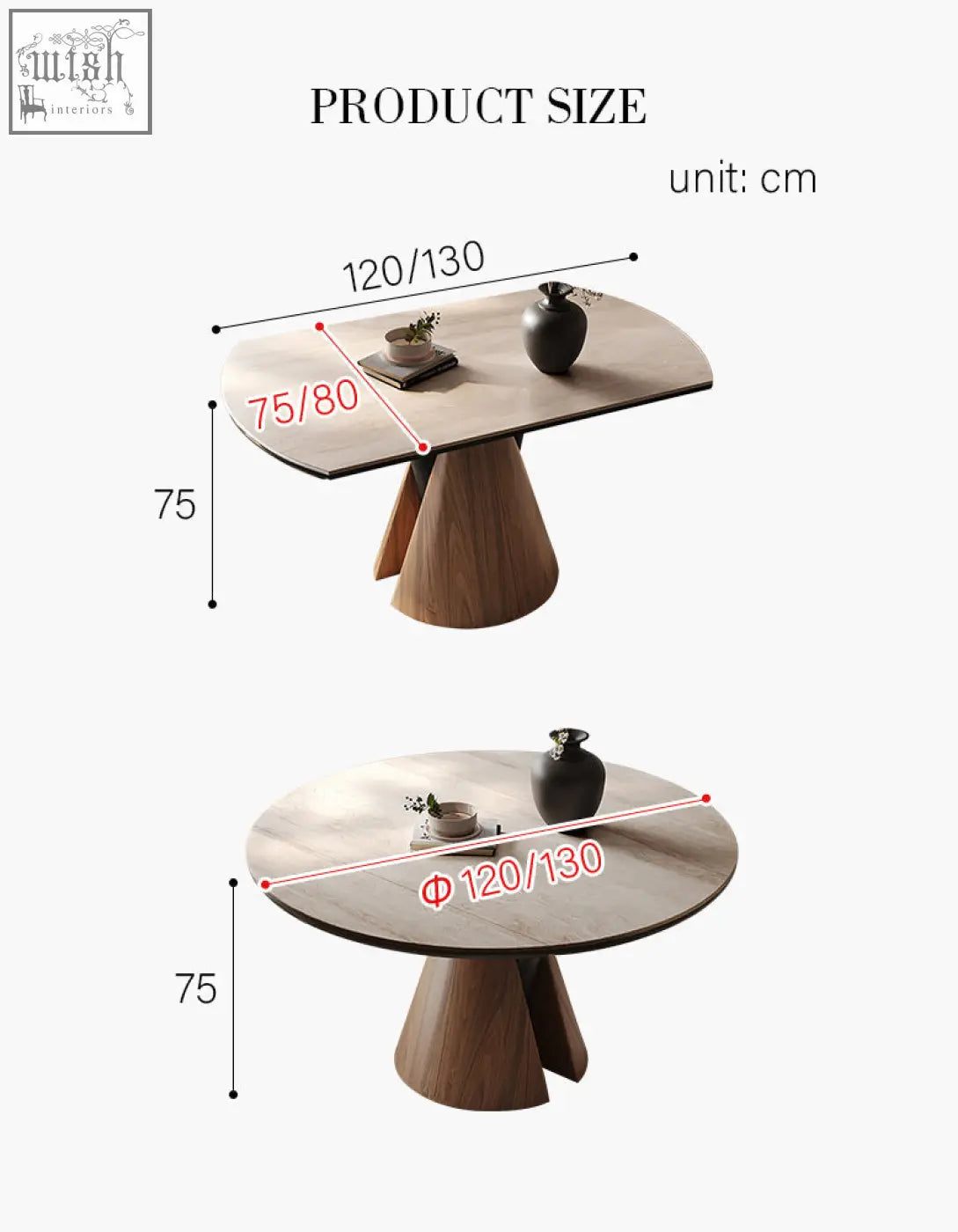 Modern minimalist round dining table with marble top and wooden pedestal base perfect for dining table setups
