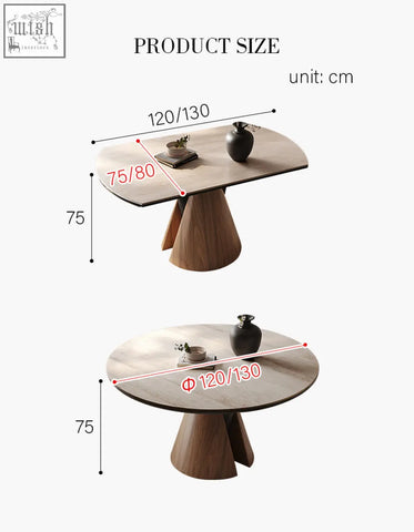 Modern minimalist round dining table with marble top and wooden pedestal base perfect for dining table setups
