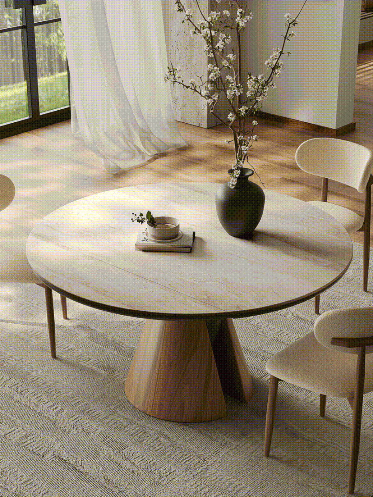Becerra foldable round dining table with light natural wood finish and sleek conical base perfect for round dining spaces