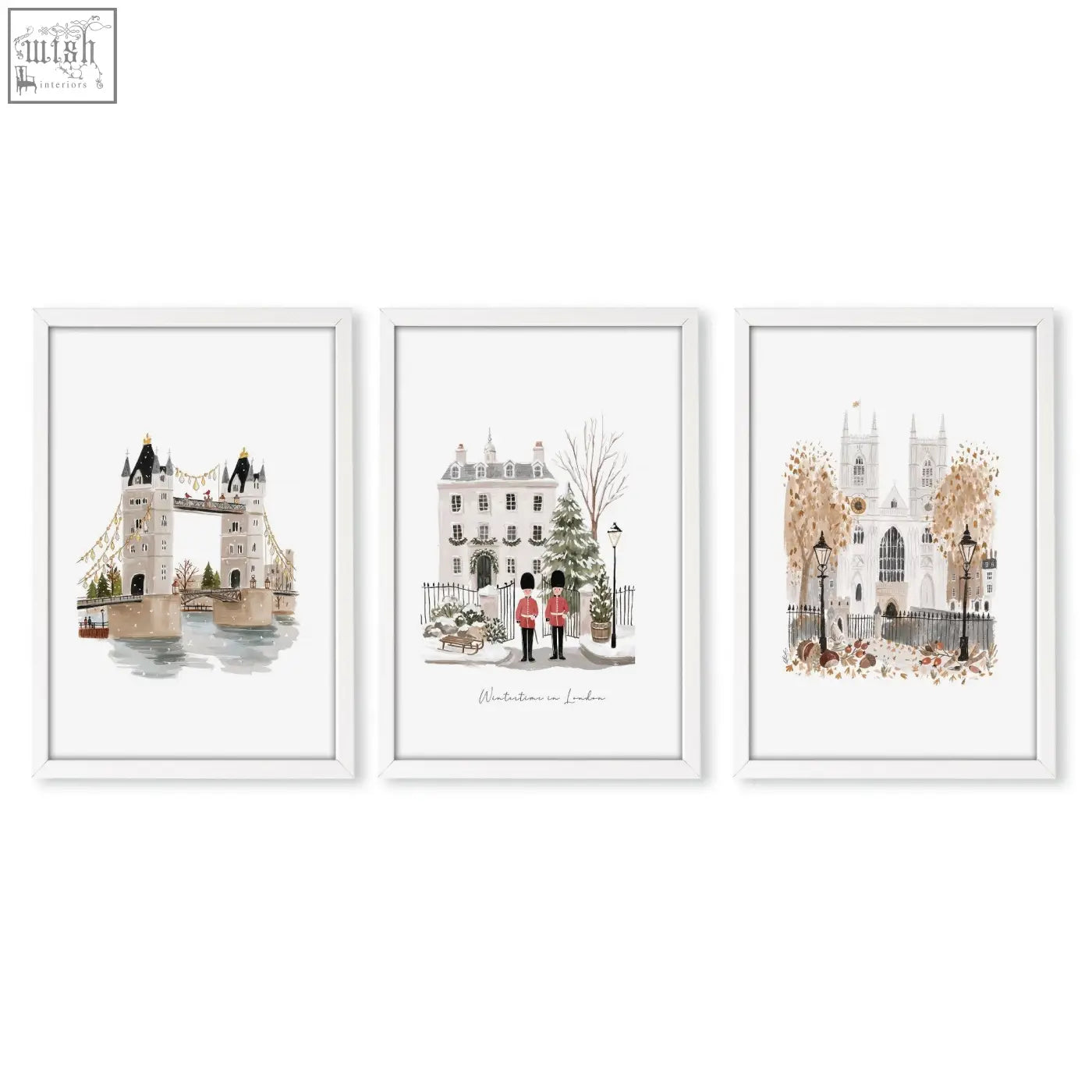 Set of three bedroom framed pictures with white frames featuring watercolor prints of london landmarks wintertime in london