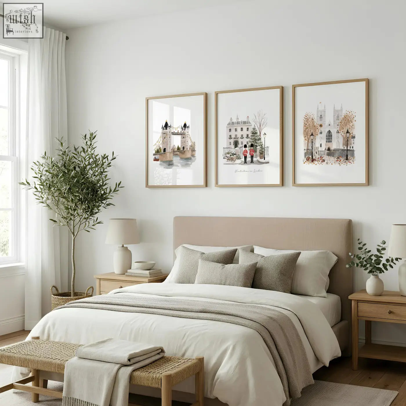 Three bedroom framed pictures of london landmarks in muted beige tones with light wood frames perfect for bedroom decor