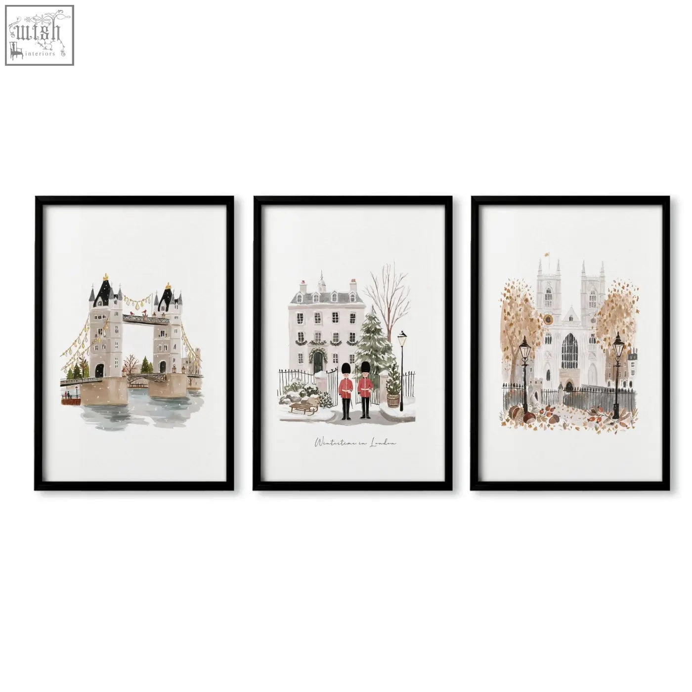 Set of three bedroom framed pictures with soft muted watercolor london landmarks perfect for travel wall art
