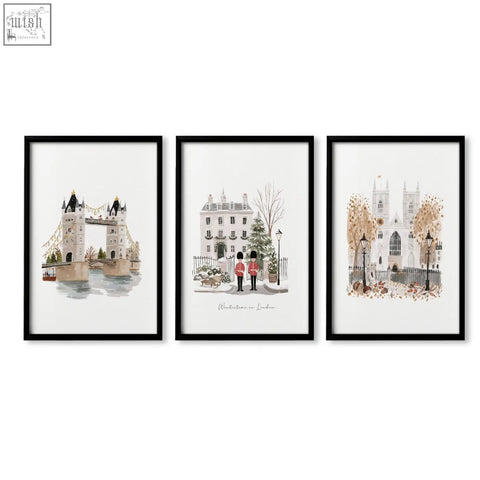 Set of three bedroom framed pictures with soft muted watercolor london landmarks perfect for travel wall art