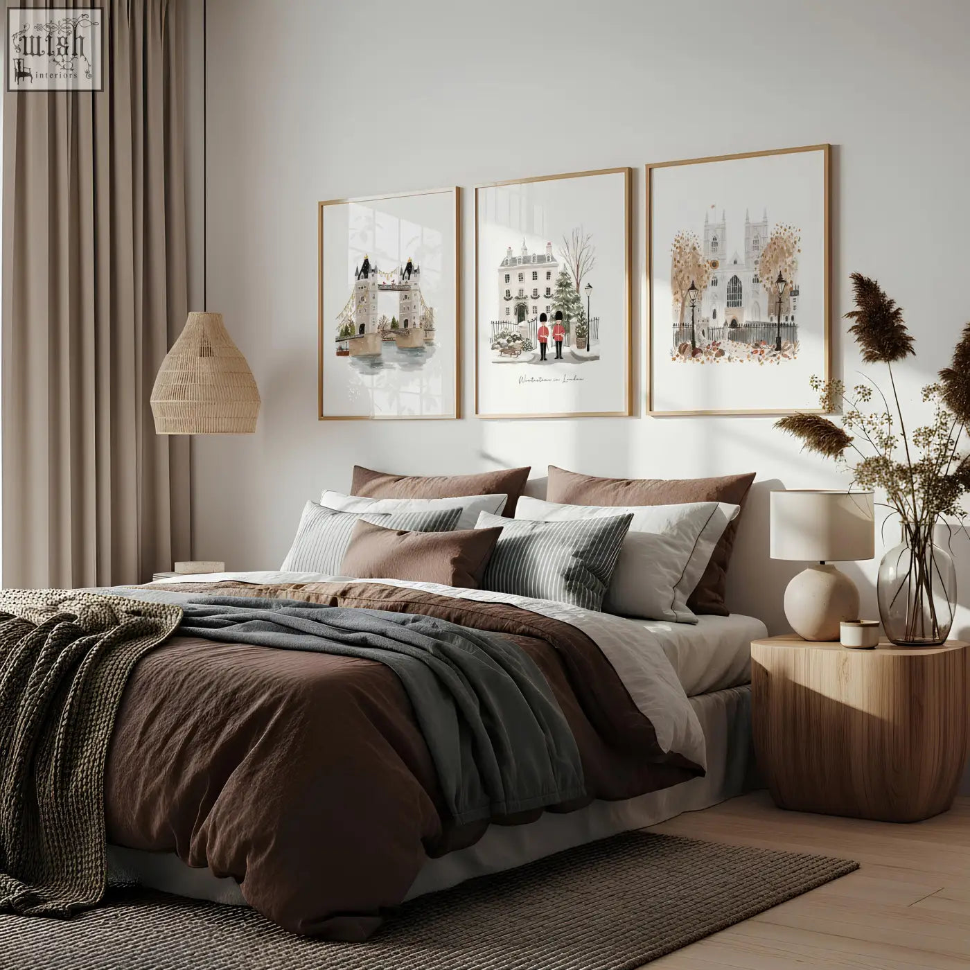 A cozy bed with layered brown and gray duvet and knit throw next to bedroom framed pictures wintertime in london set