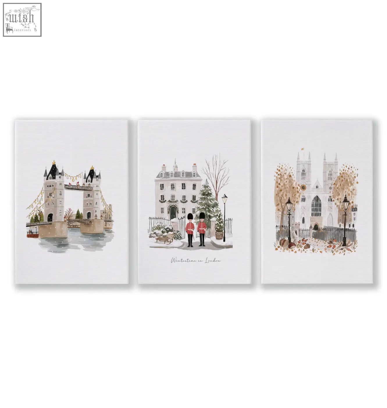 Set of three bedroom framed pictures featuring watercolor london landmarks wintertime scenes in wood frames
