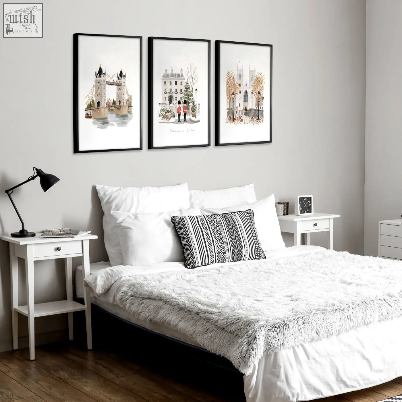 Three bedroom framed pictures of london landmarks in black frames with muted winter tones for british travel wall art