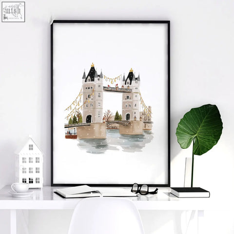 A bedroom framed picture of londons tower bridge watercolor in beige and black tones with sleek black frame