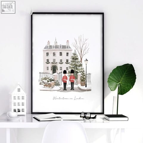Black-framed bedroom framed picture showing a wintertime in london scene with guards snow-covered buildings and trees