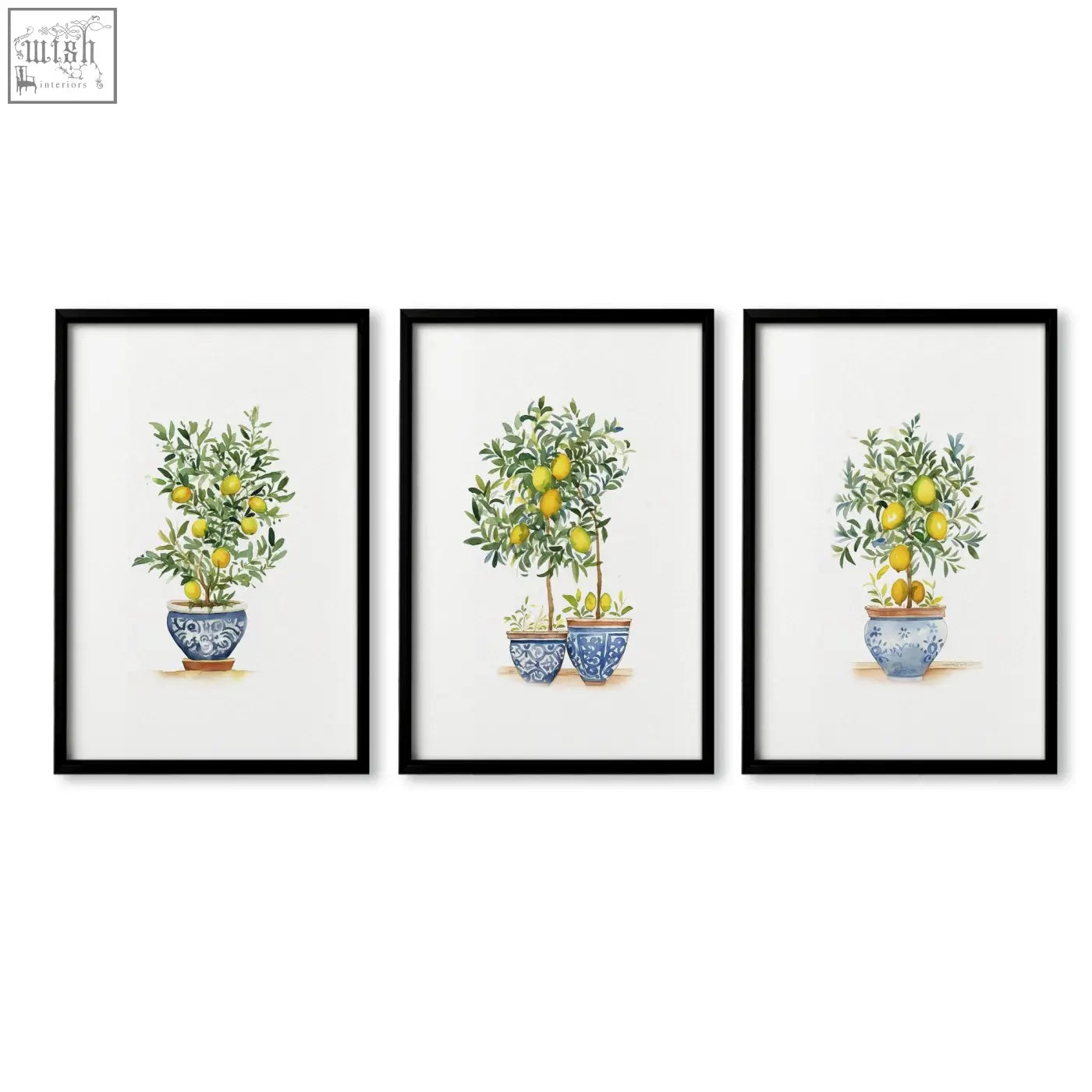Set of three framed bedroom pictures featuring french country lemon tree watercolor prints in blue and white pots