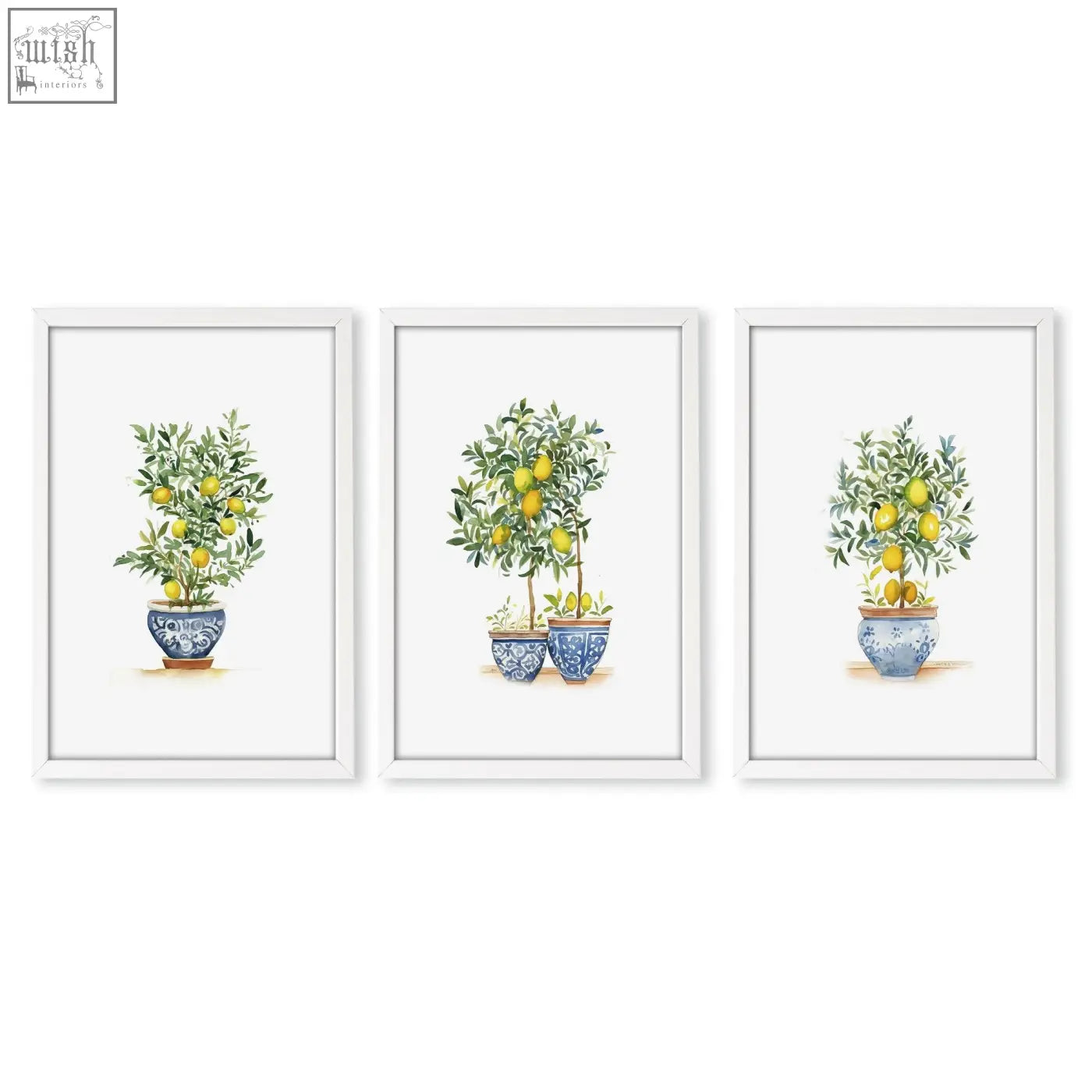 Set of three framed bedroom pictures featuring french country lemon tree watercolor prints in blue and white pots