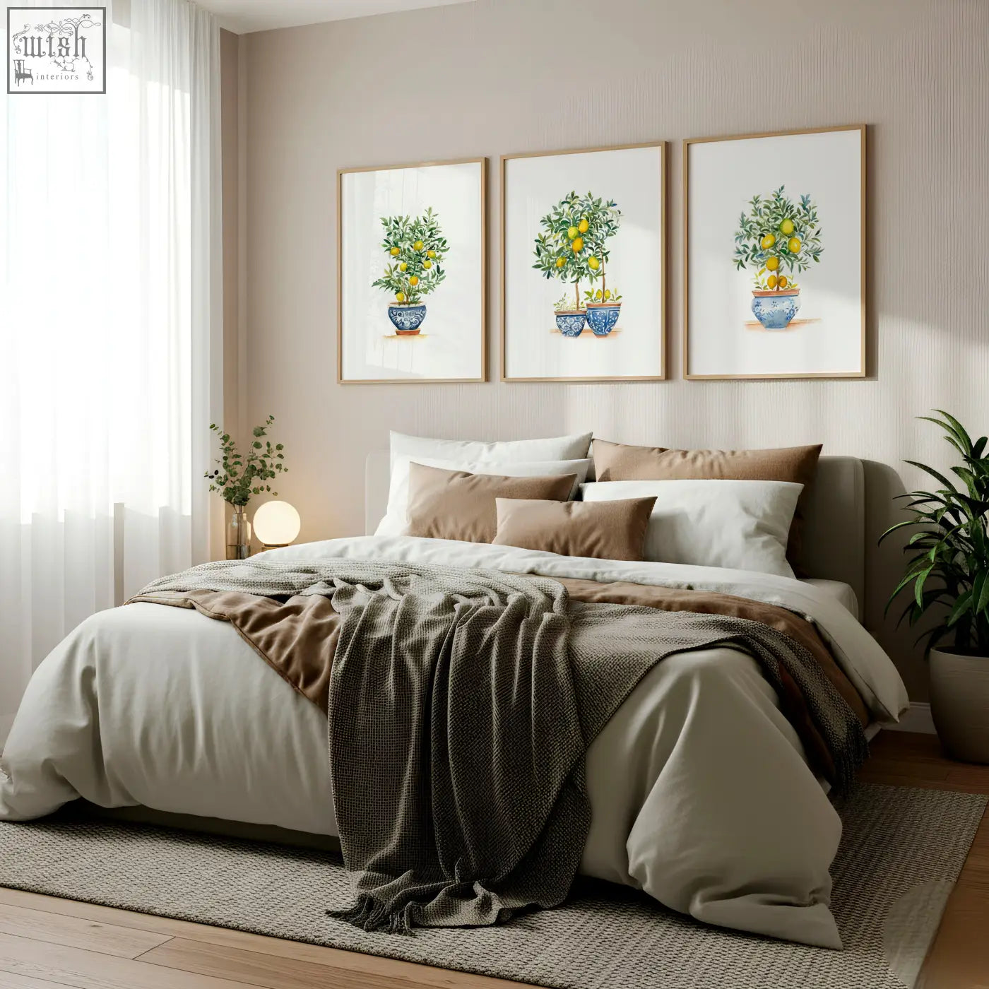 Set of 3 framed french country bedroom pictures featuring lemon tree prints in blue ceramic pots with light wood frames